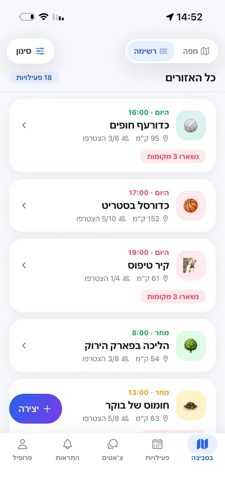 The Social Map list view — every nearby activity by time, distance and how many people have already joined